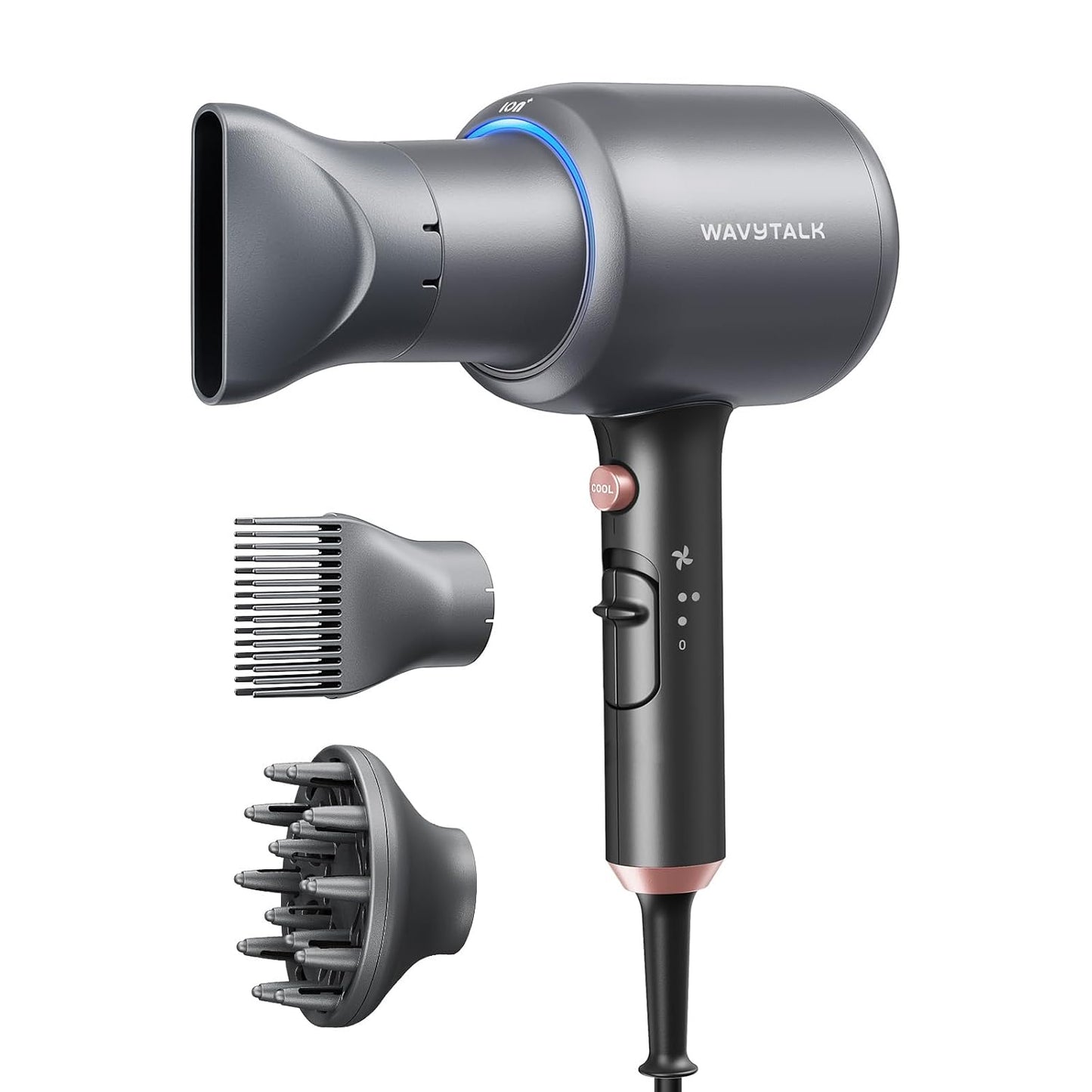 Hair Dryer, Blown Away Ionic Hair Dryer for Curly Hair with Diffuser, 1875W Fast Drying Blow Dryer with Ceramic Technology, 3 Attachments for All Hair Types, Light and Quiet, Rose Gold