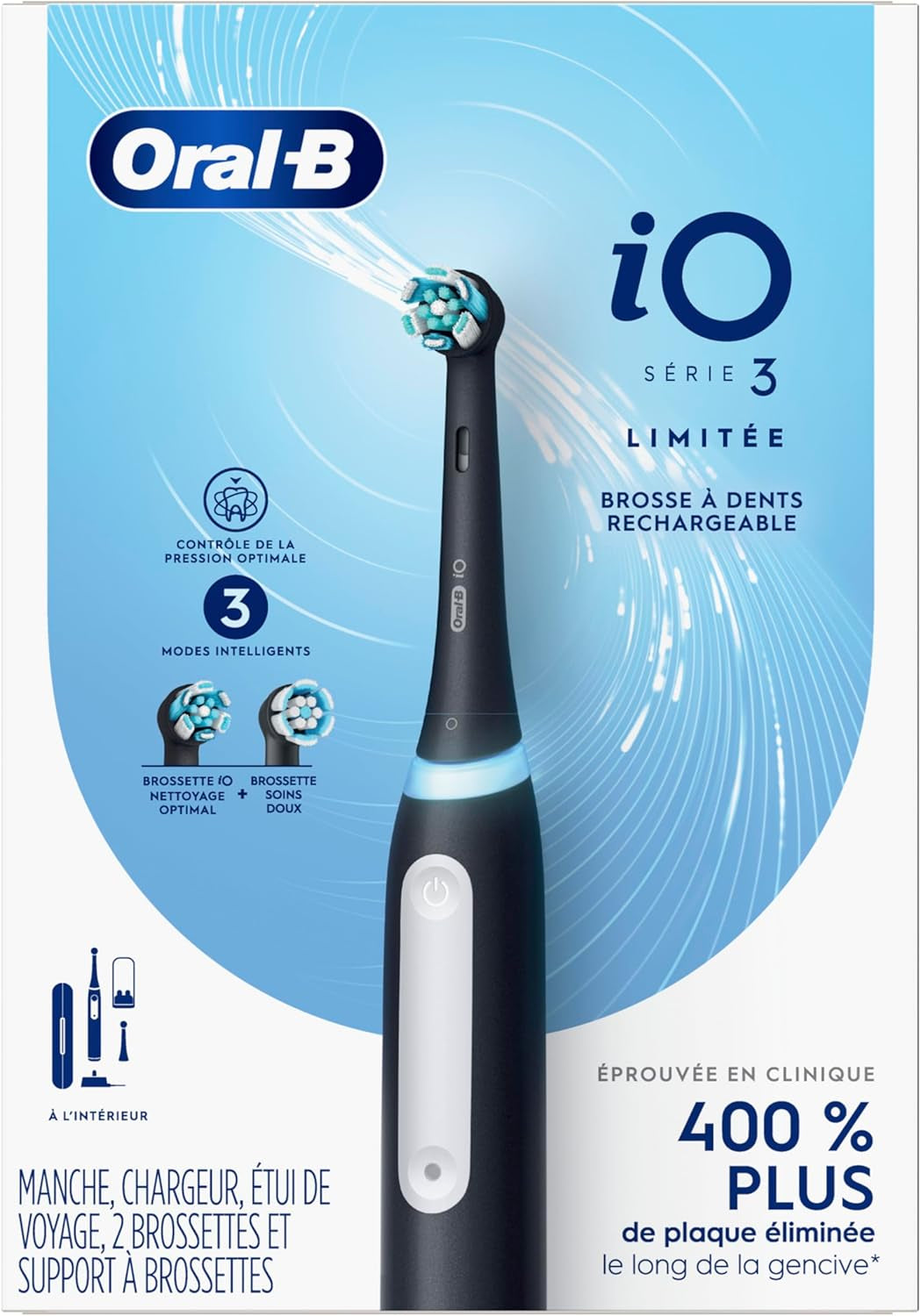 Io Deep Clean Rechargeable Electric Powered Toothbrush, Black with Io Series 3 Limited, 2 Brush Heads and Travel Case - Pressure Sensor to Protect Gums - 3 Cleaning Settings - 2 Minute Timer