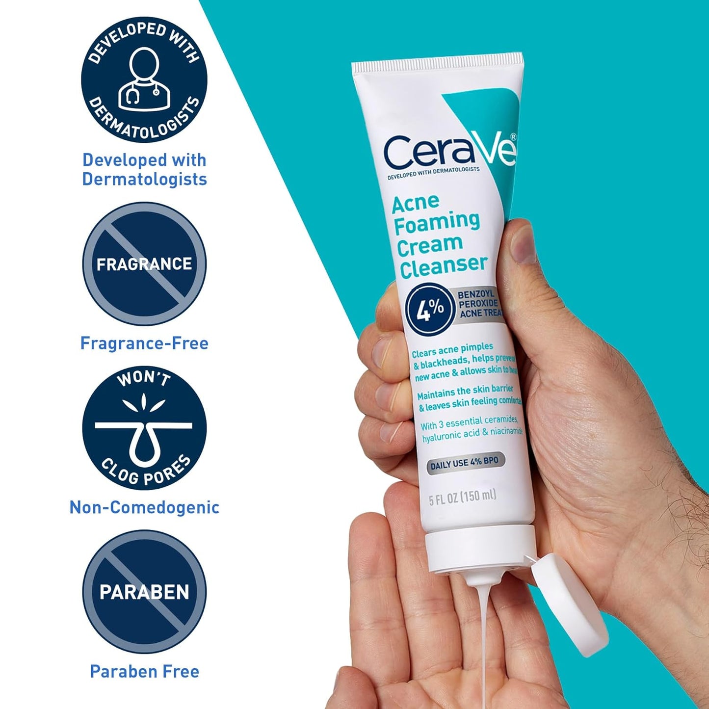 Acne Foaming Cream Cleanser, 4% Benzoyl Peroxide Face Wash with Hyaluronic Acid, Niacinamide & Ceramides, Gentle Daily Acne Treatment for Face
