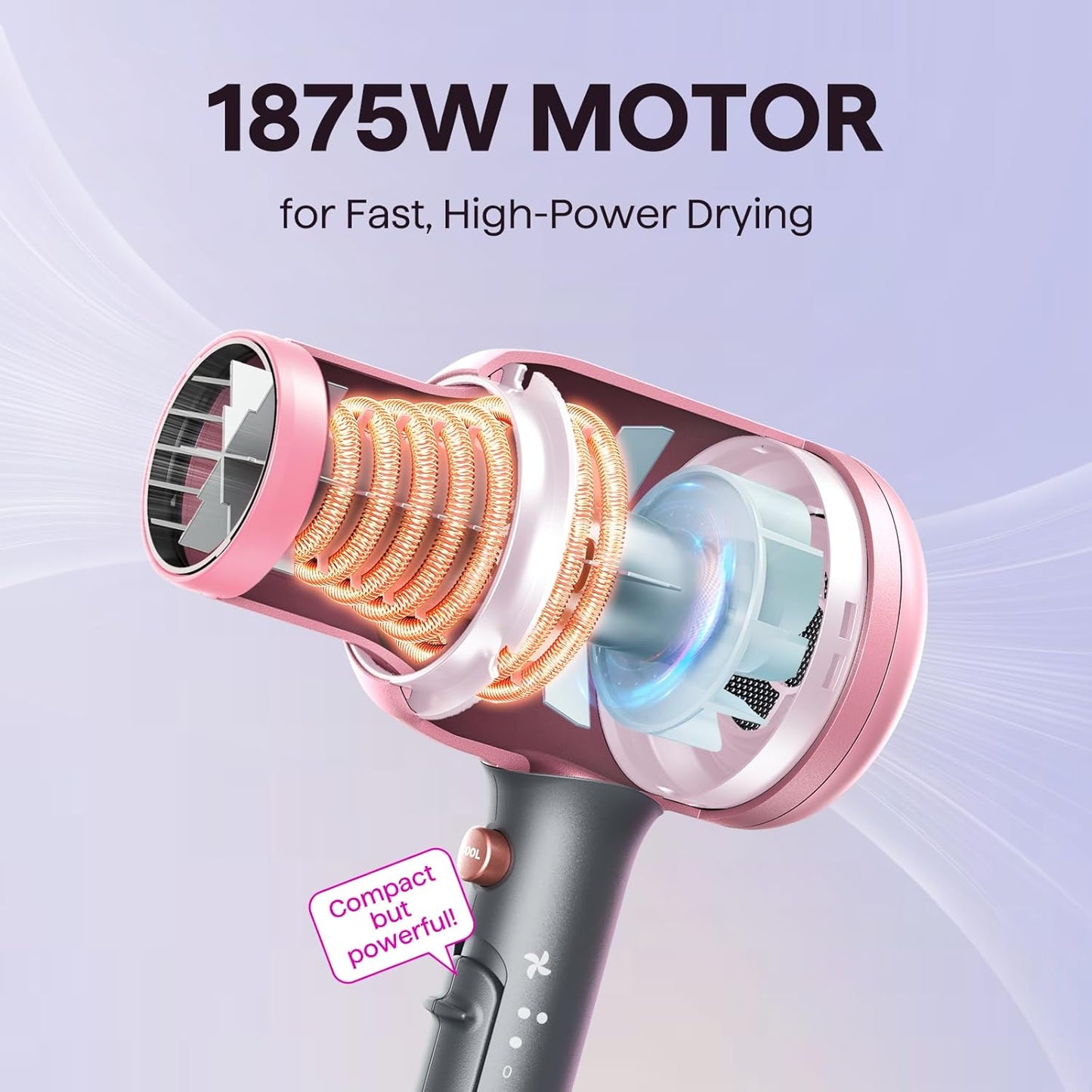 Hair Dryer, Blown Away Ionic Hair Dryer for Curly Hair with Diffuser, 1875W Fast Drying Blow Dryer with Ceramic Technology, 3 Attachments for All Hair Types, Light and Quiet, Rose Gold