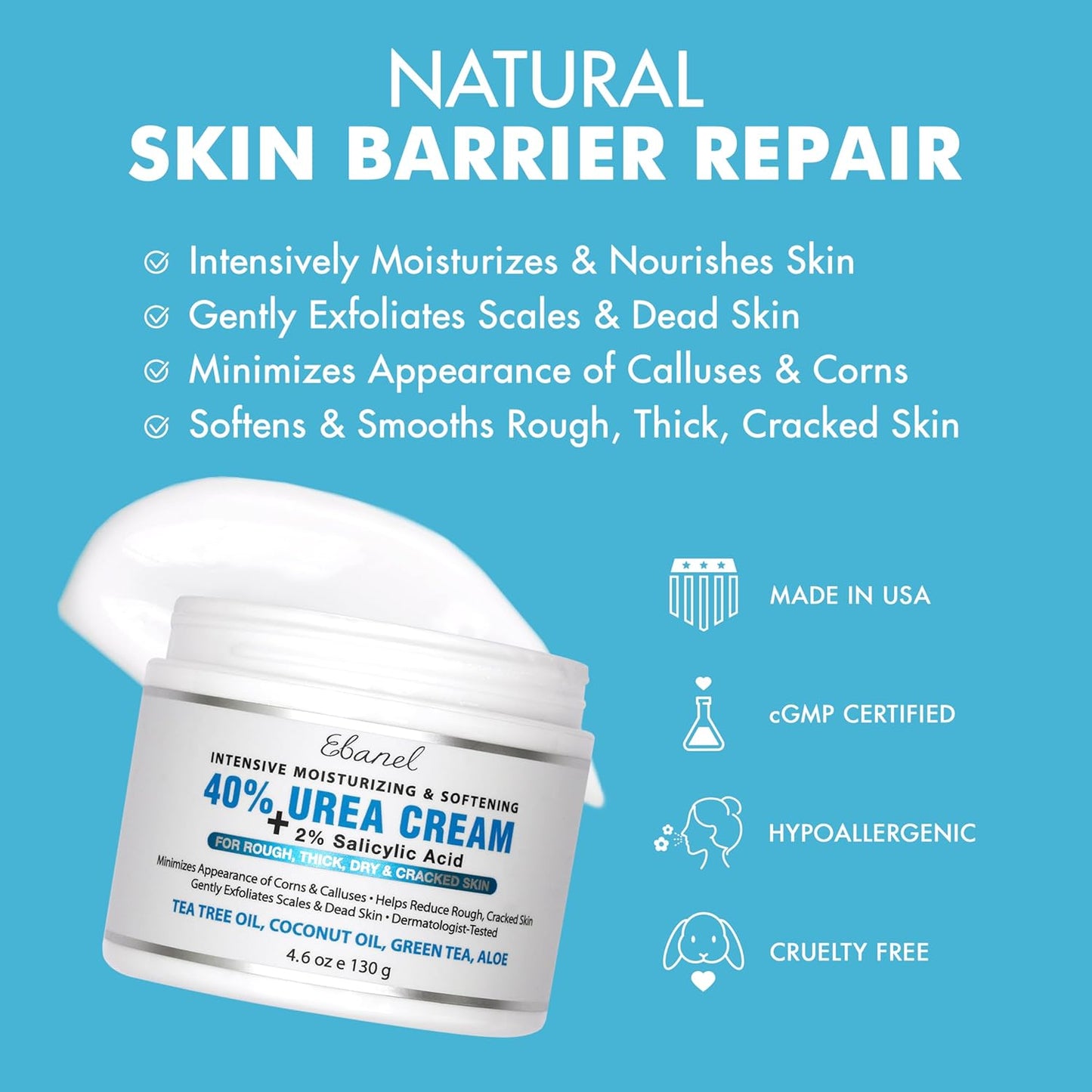 Urea Cream 40% plus Salicylic Acid 2%, Foot Cream for Dry Cracked Heels Feet Knees Elbows Hands, Foot Dead Skin Cuticle Callus Remover Toenail Softener, Keratolytic Skin Barrier Repair