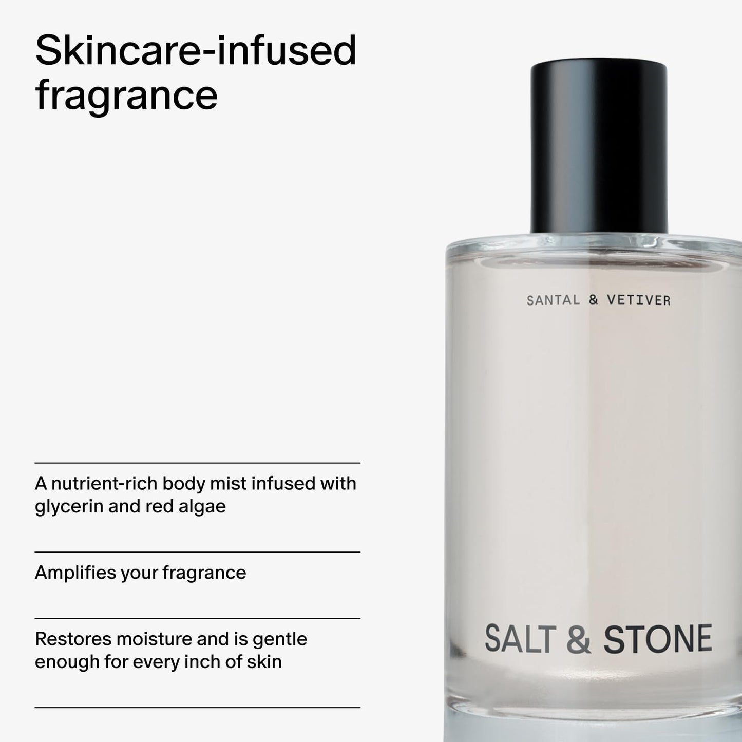 Body Mist, Santal & Vetiver Scent, Skincare Infused Perfume Hair & Body Spray for Women and Men, Hydrating Fragrance with Glycerin and Red Algae, Vegan, Cruelty Free, 3.4 Fl Oz