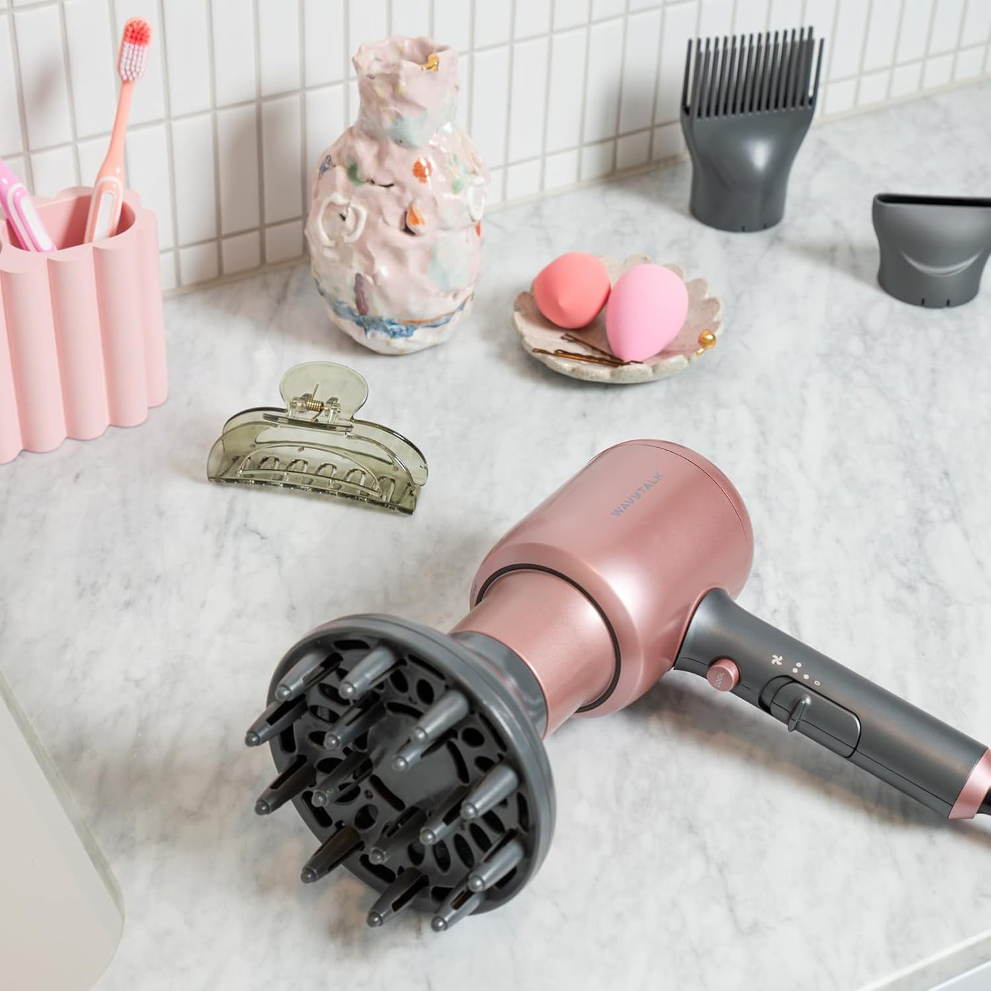 Hair Dryer, Blown Away Ionic Hair Dryer for Curly Hair with Diffuser, 1875W Fast Drying Blow Dryer with Ceramic Technology, 3 Attachments for All Hair Types, Light and Quiet, Rose Gold