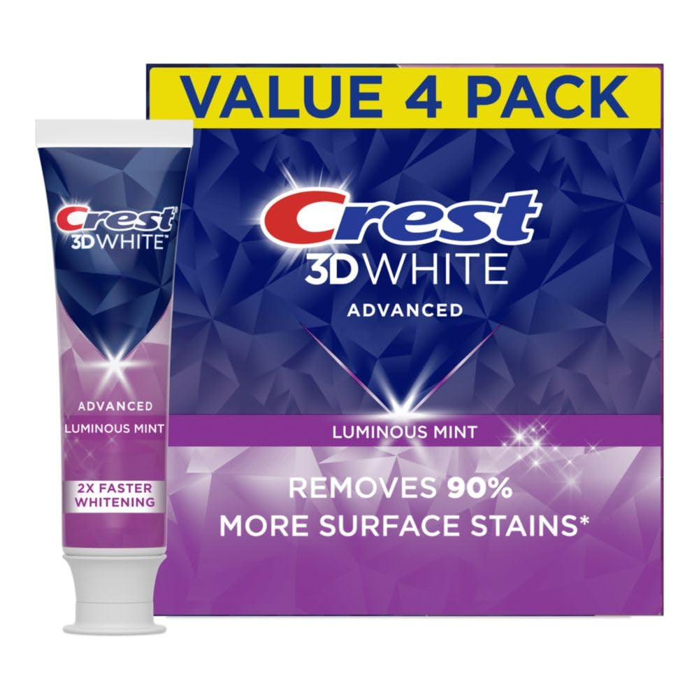 3D White Advanced Luminous Mint Teeth Whitening Toothpaste, Toothpaste, 3.7 Oz Pack of 4 - Helps Remove Surface Stains, Whitens Teeth, Strengthens Tooth Enamel, Protects against Cavities