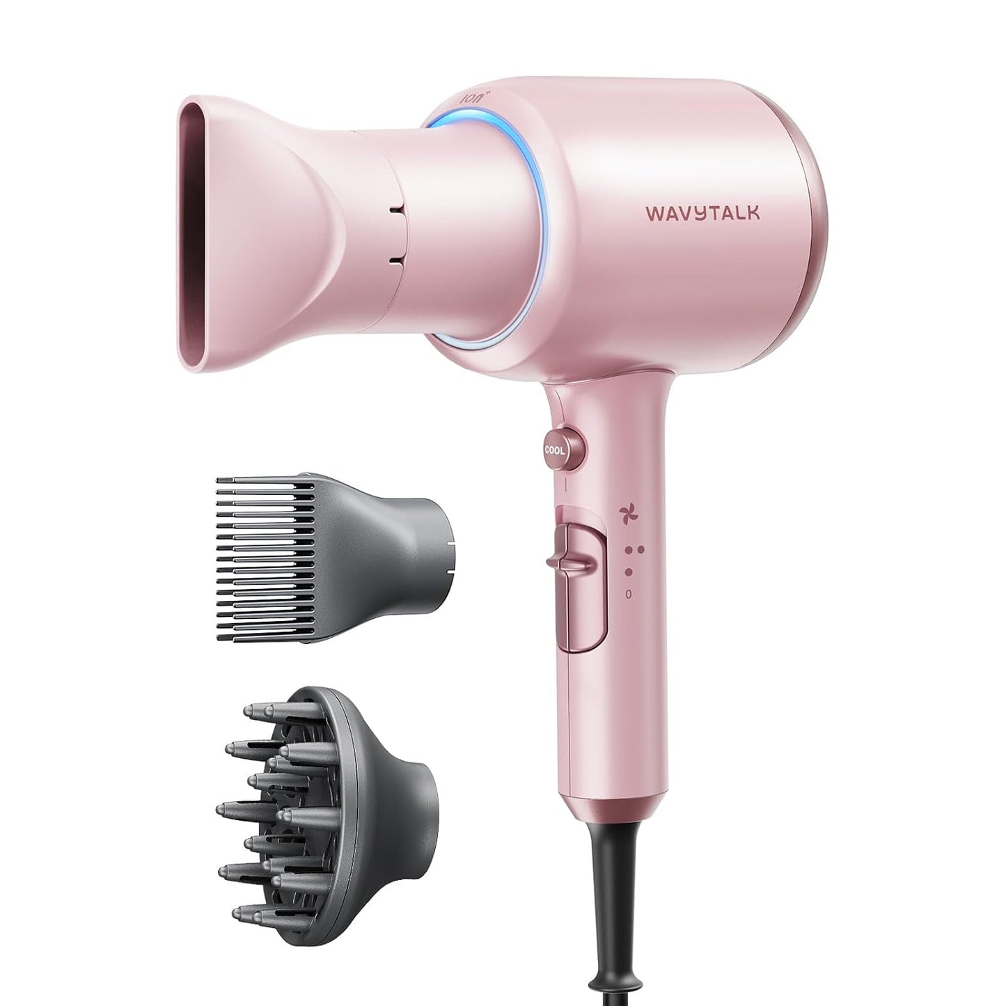 Hair Dryer, Blown Away Ionic Hair Dryer for Curly Hair with Diffuser, 1875W Fast Drying Blow Dryer with Ceramic Technology, 3 Attachments for All Hair Types, Light and Quiet, Rose Gold