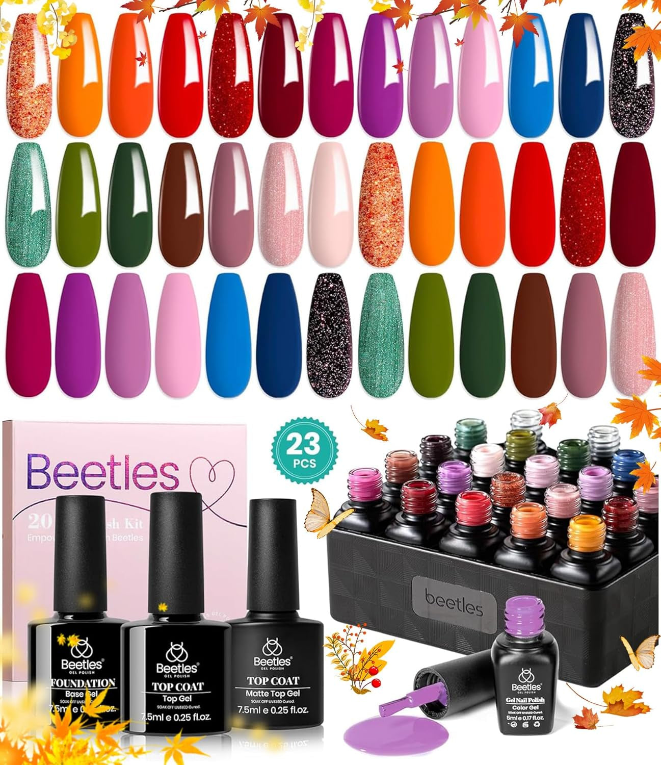 Beetles Gel Nail Polish Kit with U V Light - 80Pcs Fall Nail Fest Color Enchantment 55 Colors Gel Polish Starter Kit with Base Top Coat DIY Nails Stickers Manicure Tools Gift for Women Teens Girls