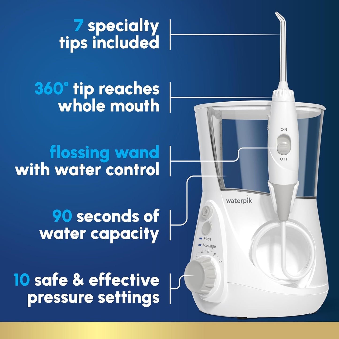 Aquarius Water Flosser for Teeth Cleaning, Gums, Braces, Dental Care, Electric Power with 10 Settings, 7 Tips for Multiple Users and Needs, ADA Accepted, White WP-660, Packaging May Vary