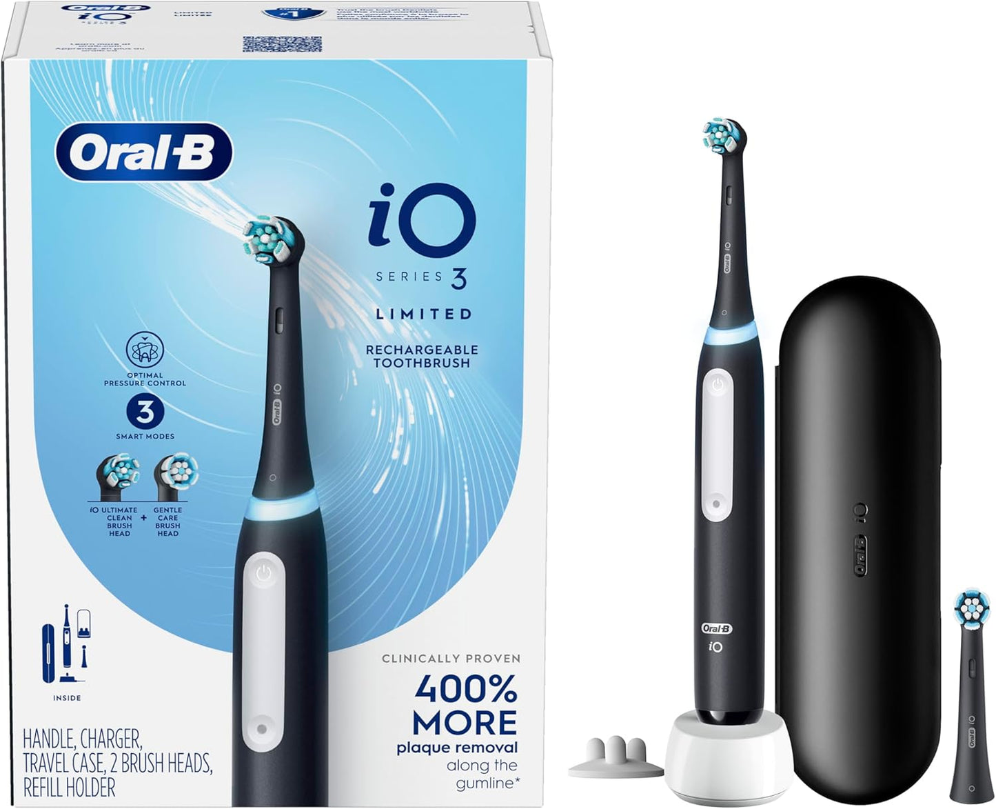 Io Deep Clean Rechargeable Electric Powered Toothbrush, Black with Io Series 3 Limited, 2 Brush Heads and Travel Case - Pressure Sensor to Protect Gums - 3 Cleaning Settings - 2 Minute Timer