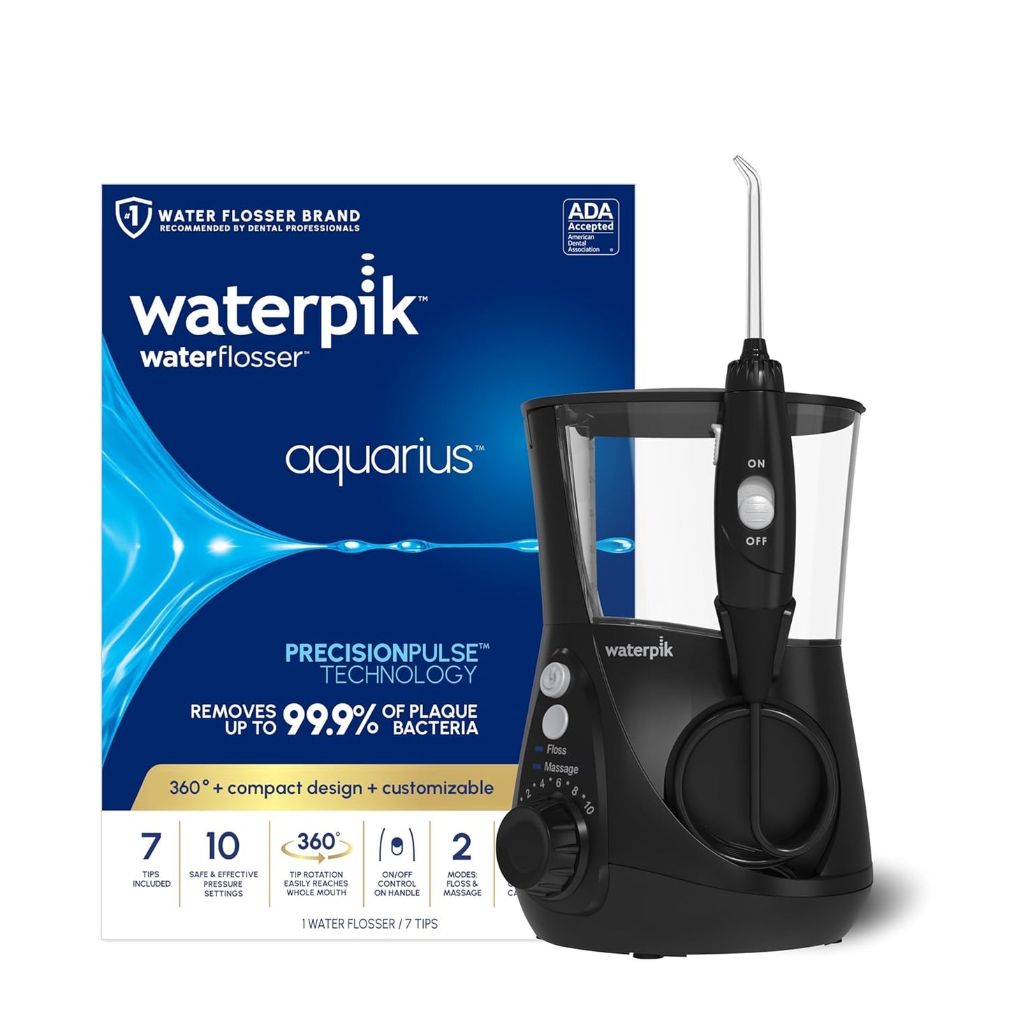 Aquarius Water Flosser for Teeth Cleaning, Gums, Braces, Dental Care, Electric Power with 10 Settings, 7 Tips for Multiple Users and Needs, ADA Accepted, White WP-660, Packaging May Vary