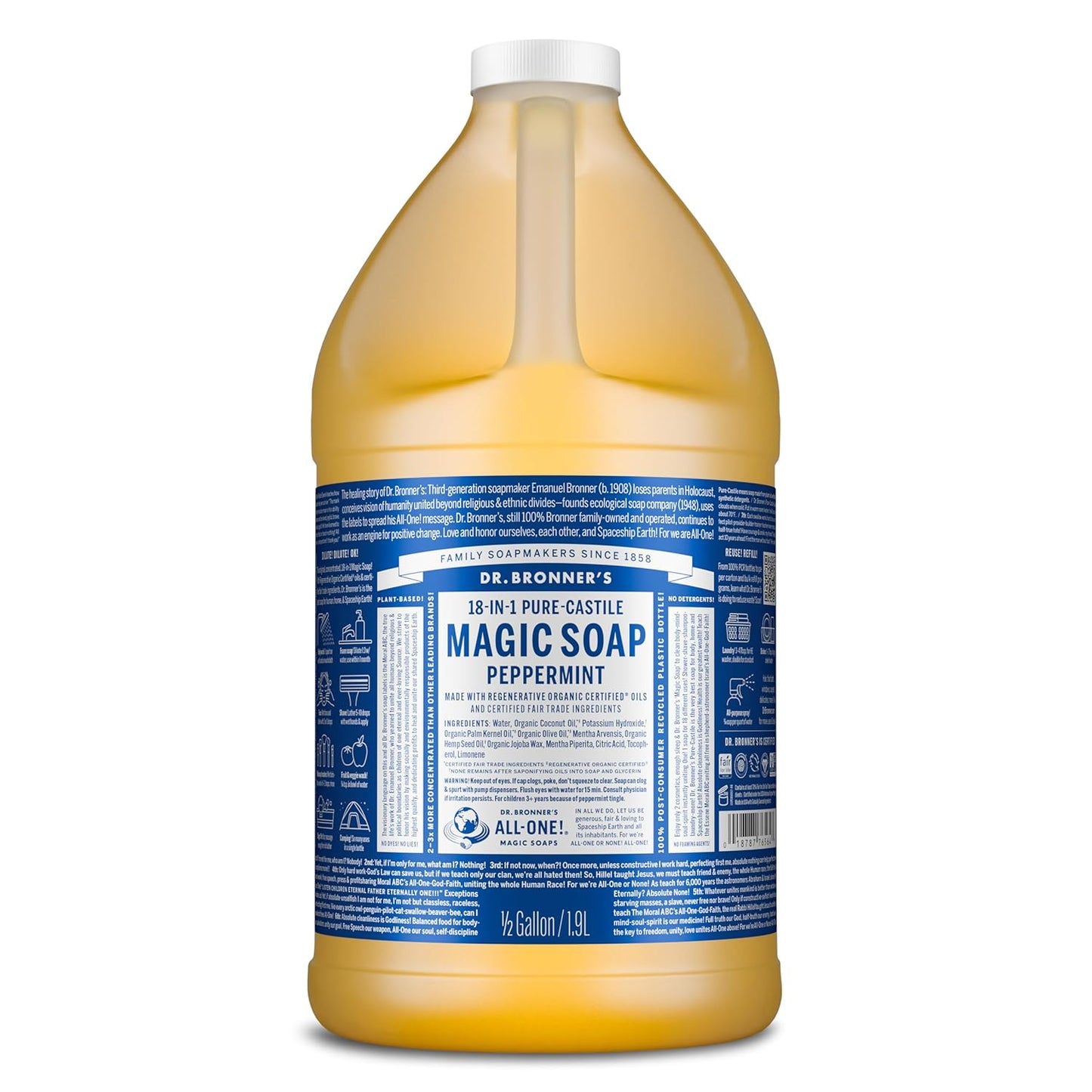 Pure-Castile Magic Liquid Soap - Made with Regenerative Organic Certified Oils- 18-In-1 Uses for Face, Body, Hand, Hair, Laundry & More- Vegan, Non-Gmo- Body Wash- Peppermint,32Oz