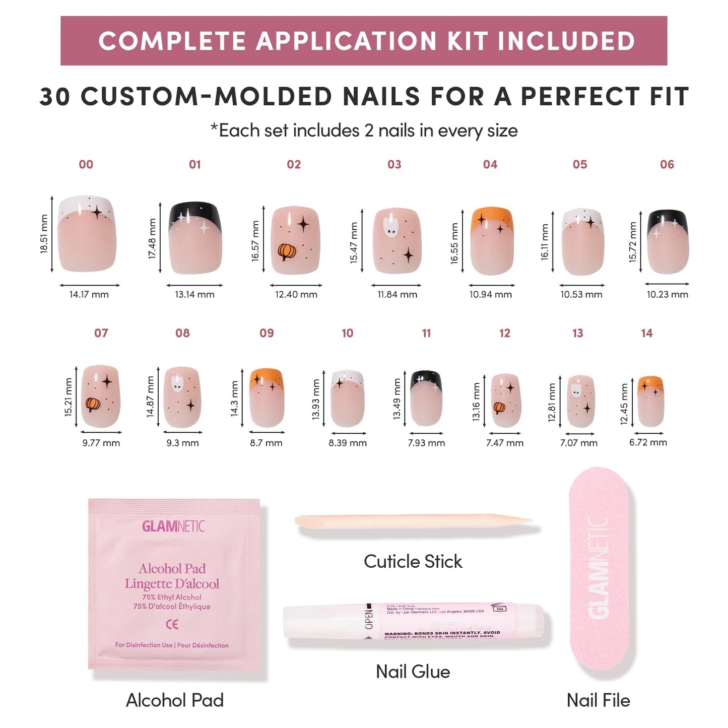 Press on Nails - Tiny Pumpkin | Short Squoval French Tip Fake Nails with Pumpkin Graphics & Glossy Finish, Salon Quality Halloween Nails | 15 Sizes - 30 Nail Kit with Glue
