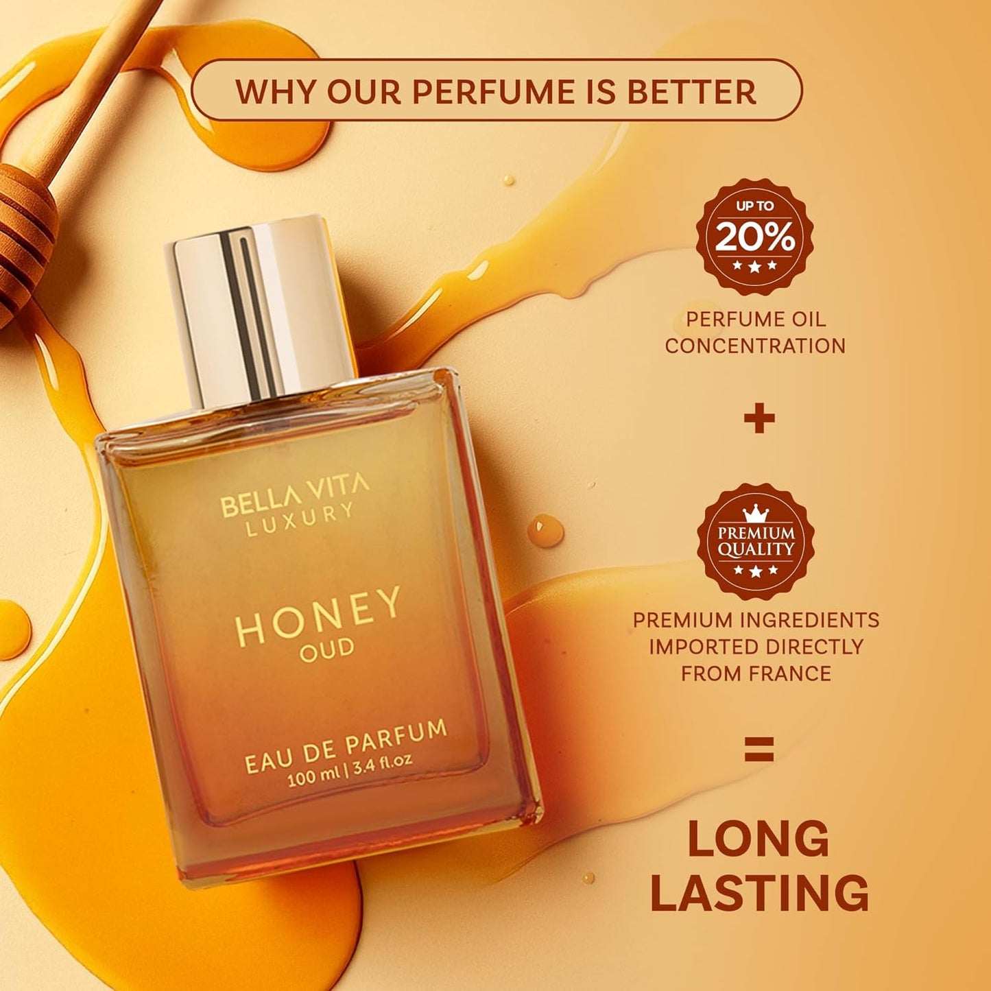 Luxury Honey Oud Eau De Parfum (3.4 Fl. Oz.) | Patchouli, Vanilla, Bergamot, Floral & Spicy + Made with Clean & Vegan Essentials Oils + Cruelty Free | Long-Lasting Unisex Fragrance