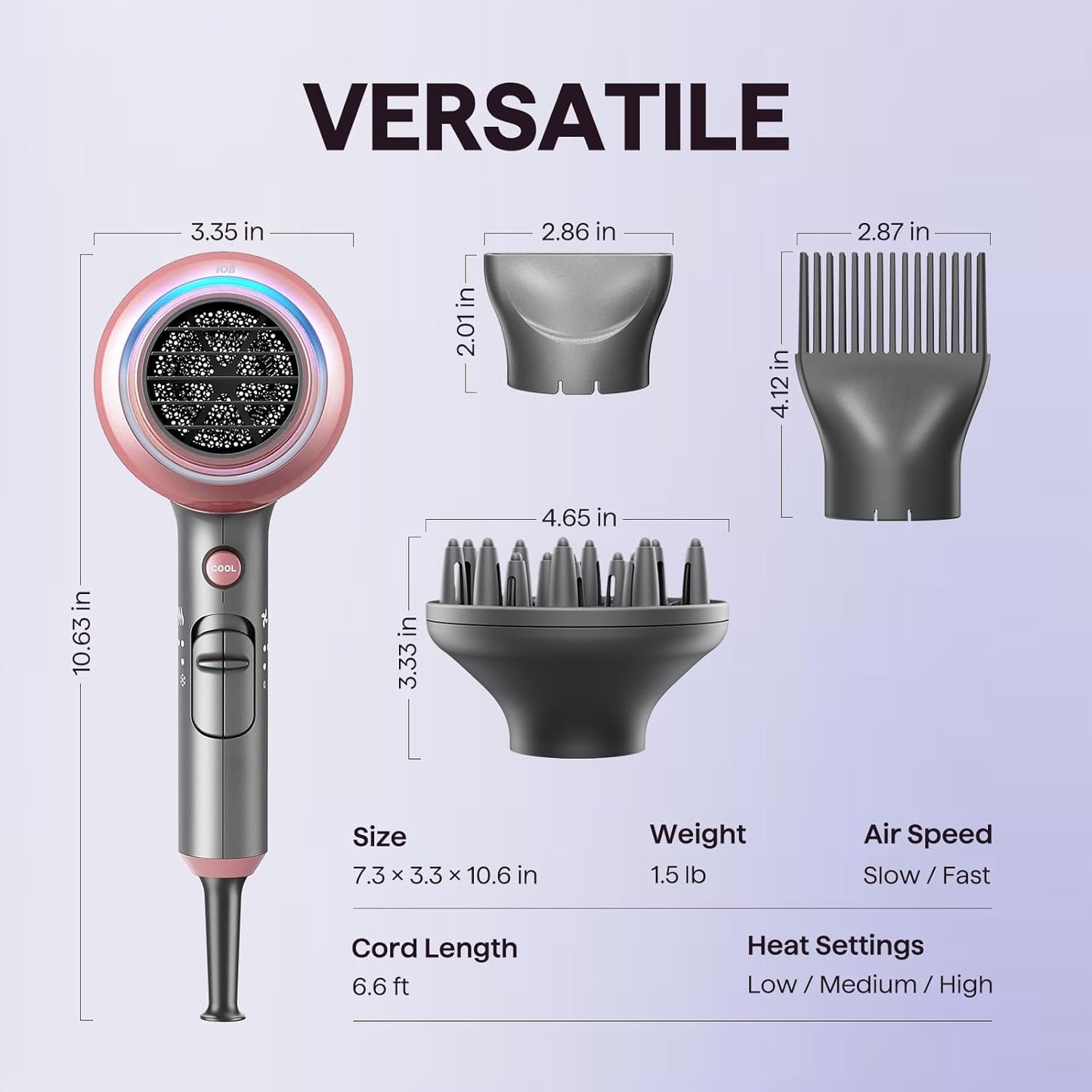 Hair Dryer, Blown Away Ionic Hair Dryer for Curly Hair with Diffuser, 1875W Fast Drying Blow Dryer with Ceramic Technology, 3 Attachments for All Hair Types, Light and Quiet, Rose Gold