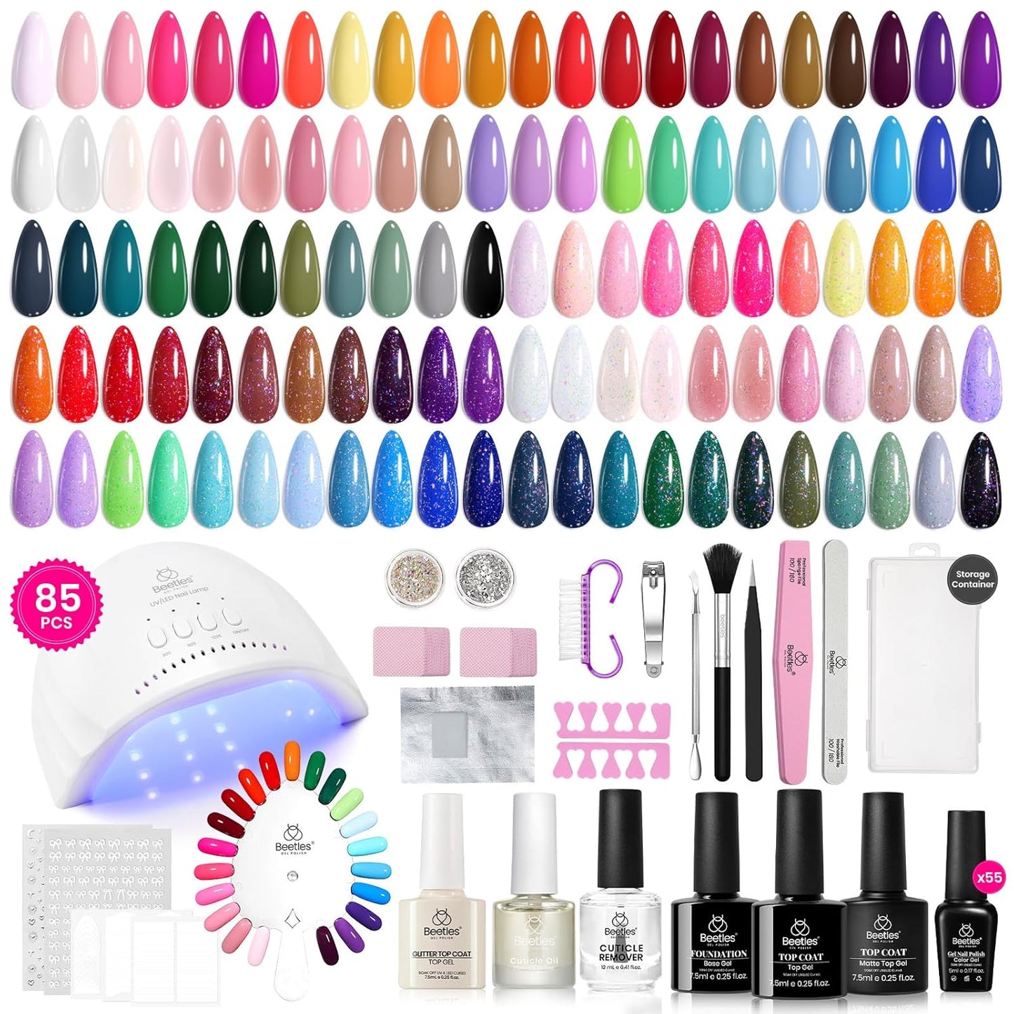 Beetles Gel Nail Polish Kit with U V Light - 80Pcs Fall Nail Fest Color Enchantment 55 Colors Gel Polish Starter Kit with Base Top Coat DIY Nails Stickers Manicure Tools Gift for Women Teens Girls