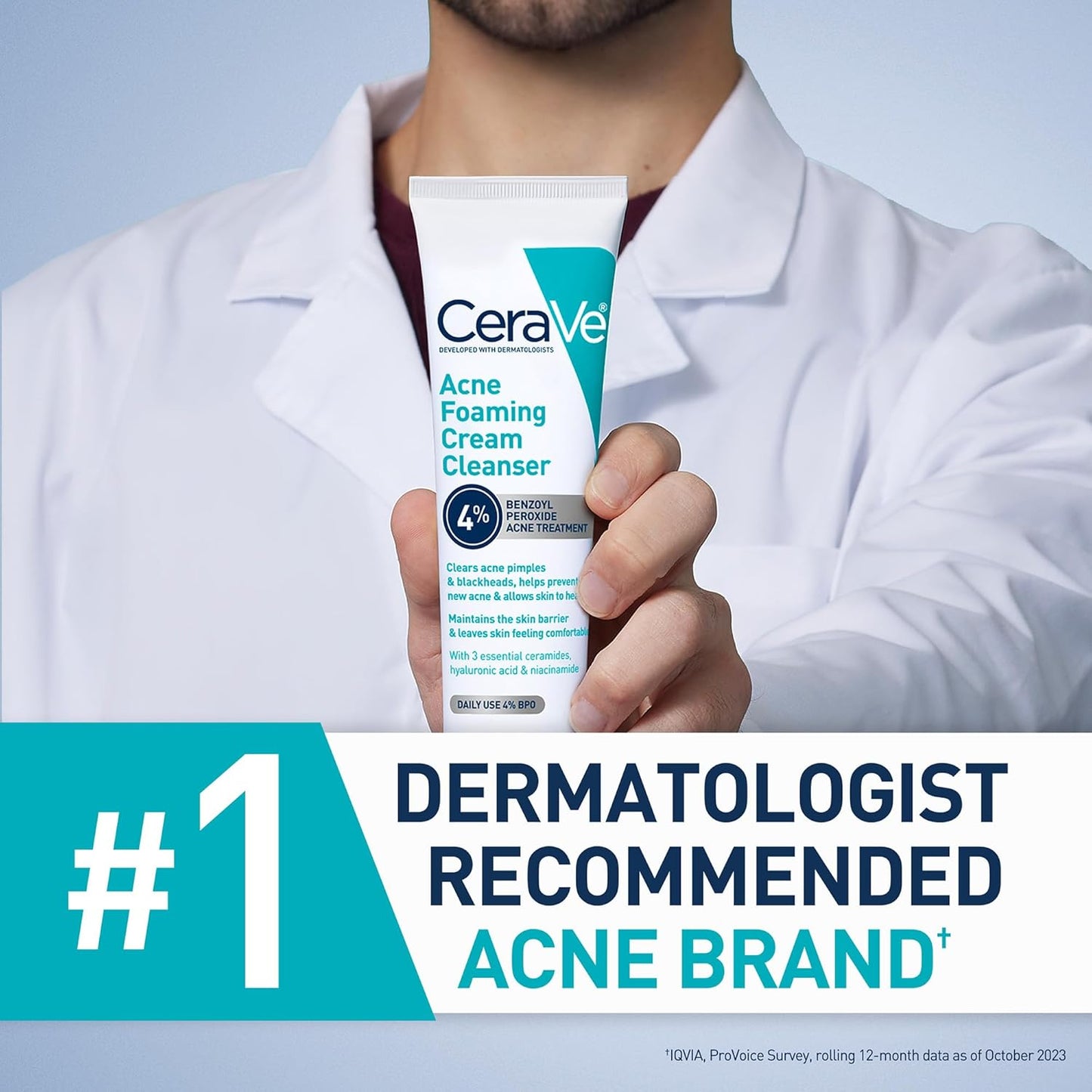 Acne Foaming Cream Cleanser, 4% Benzoyl Peroxide Face Wash with Hyaluronic Acid, Niacinamide & Ceramides, Gentle Daily Acne Treatment for Face