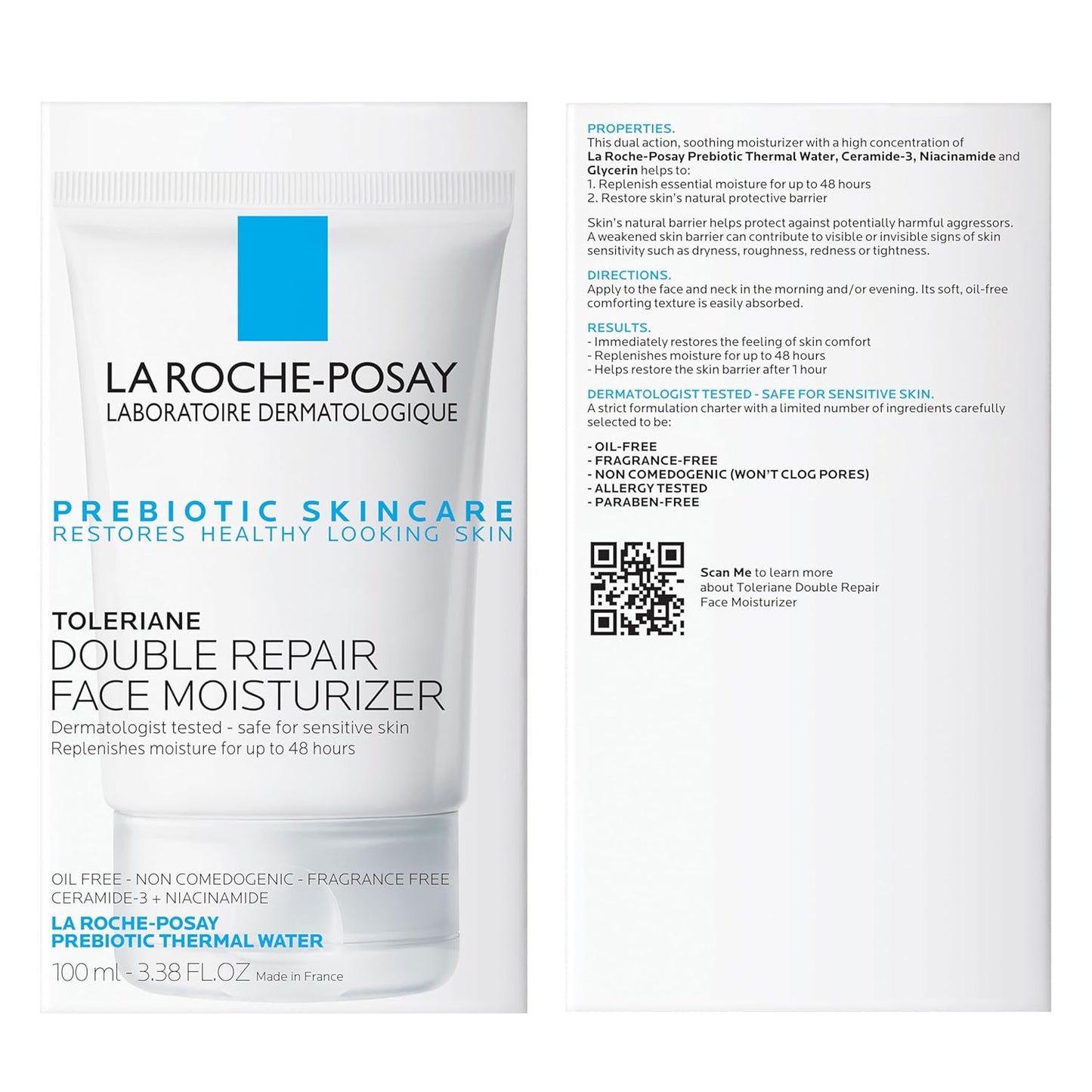 Toleriane Double Repair Face Moisturizer, Daily Moisturizer Face Cream with Ceramide & Niacinamide for All Skin Types, Immediate Comfort & Long Lasting Hydration, Fragrance Free