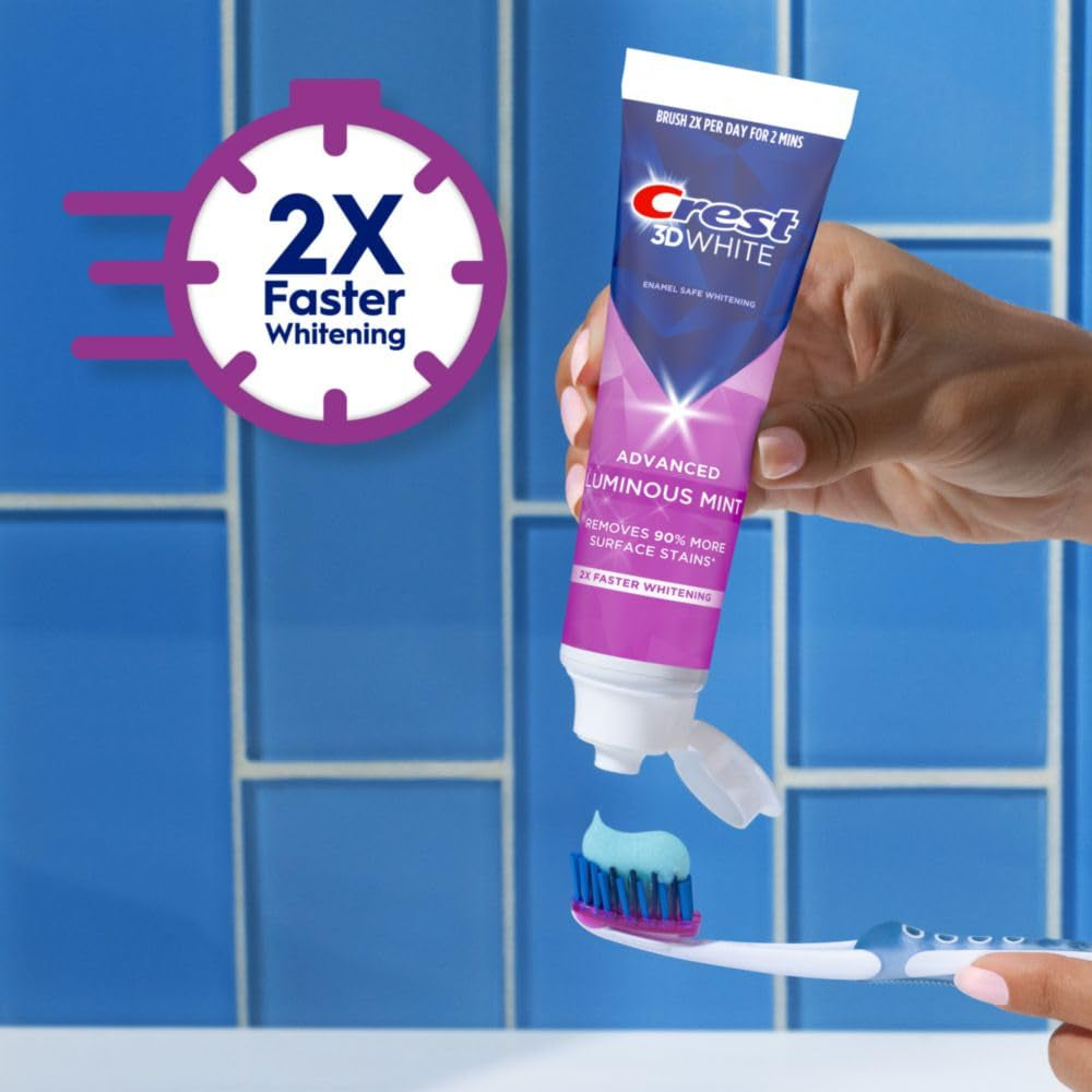 3D White Advanced Luminous Mint Teeth Whitening Toothpaste, Toothpaste, 3.7 Oz Pack of 4 - Helps Remove Surface Stains, Whitens Teeth, Strengthens Tooth Enamel, Protects against Cavities
