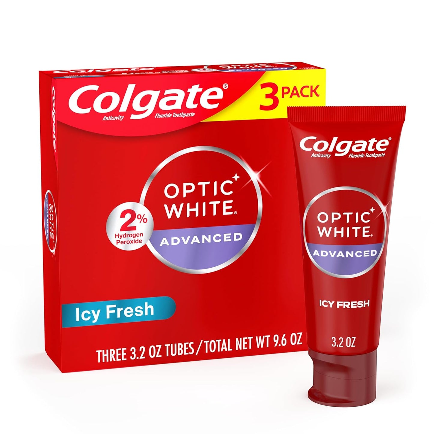Optic White Advanced Hydrogen Peroxide Toothpaste, Teeth Whitening Toothpaste Pack, Enamel-Safe Formula, Helps Remove Tea, Coffee, and Wine Stains, Sparkling White, 3 Pack, 3.2 Oz