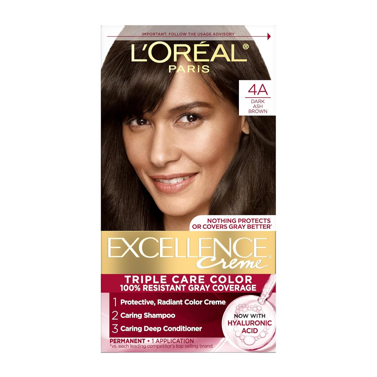 Excellence Crème Permanent Hair Dye, Triple Care Hair Color with Pro-Keratine Complex for 100% Gray Hair Coverage, 4 Dark Brown, 1 Kit