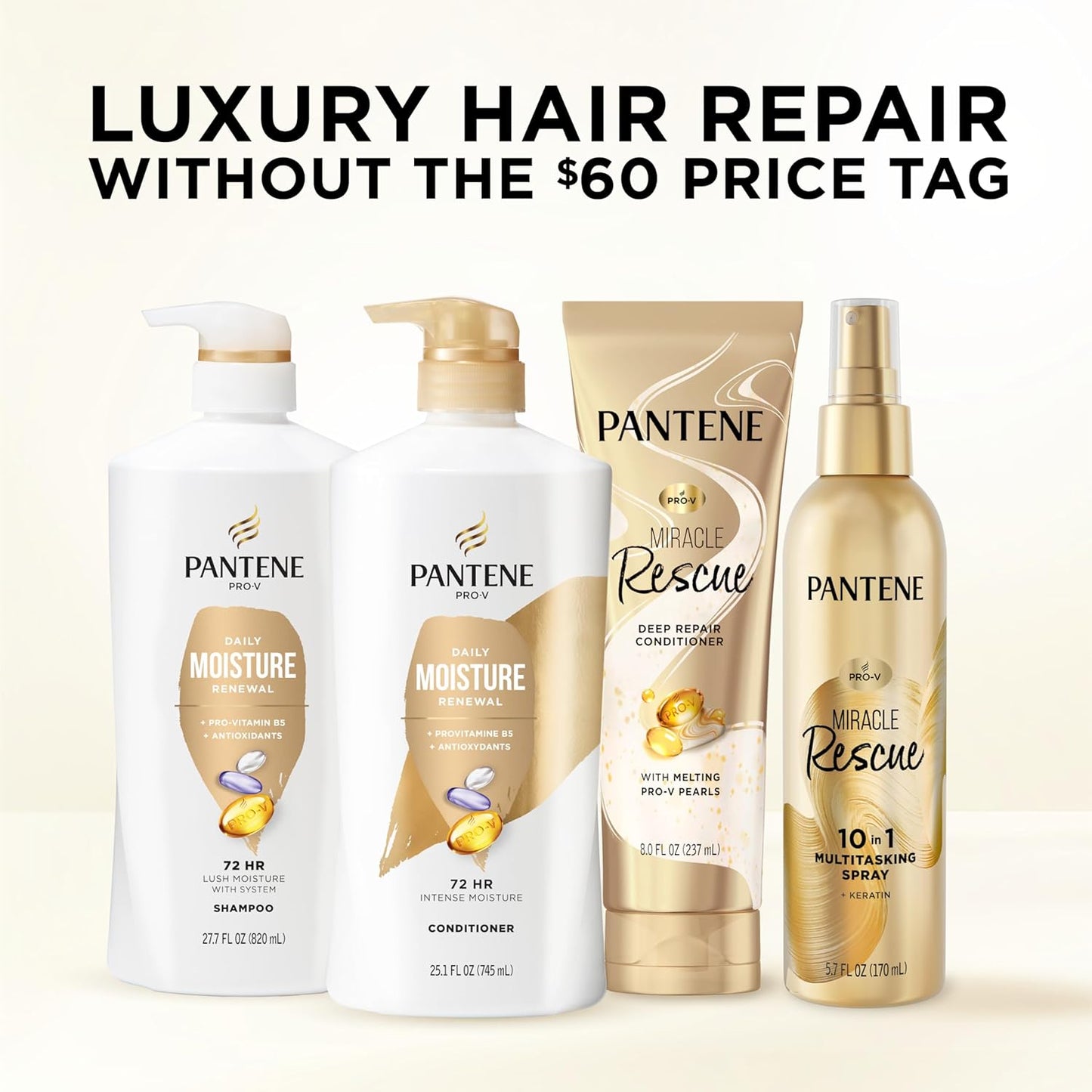 Shampoo & Conditioner Set, Daily Moisture Renewal - Pro-V Nutrients for Dry, Color-Treated, Straight to Curly Hair, 72-Hour Hydration & Softness, 52.8 Oz Total + Miracle Rescue Shot (0.5 Oz)