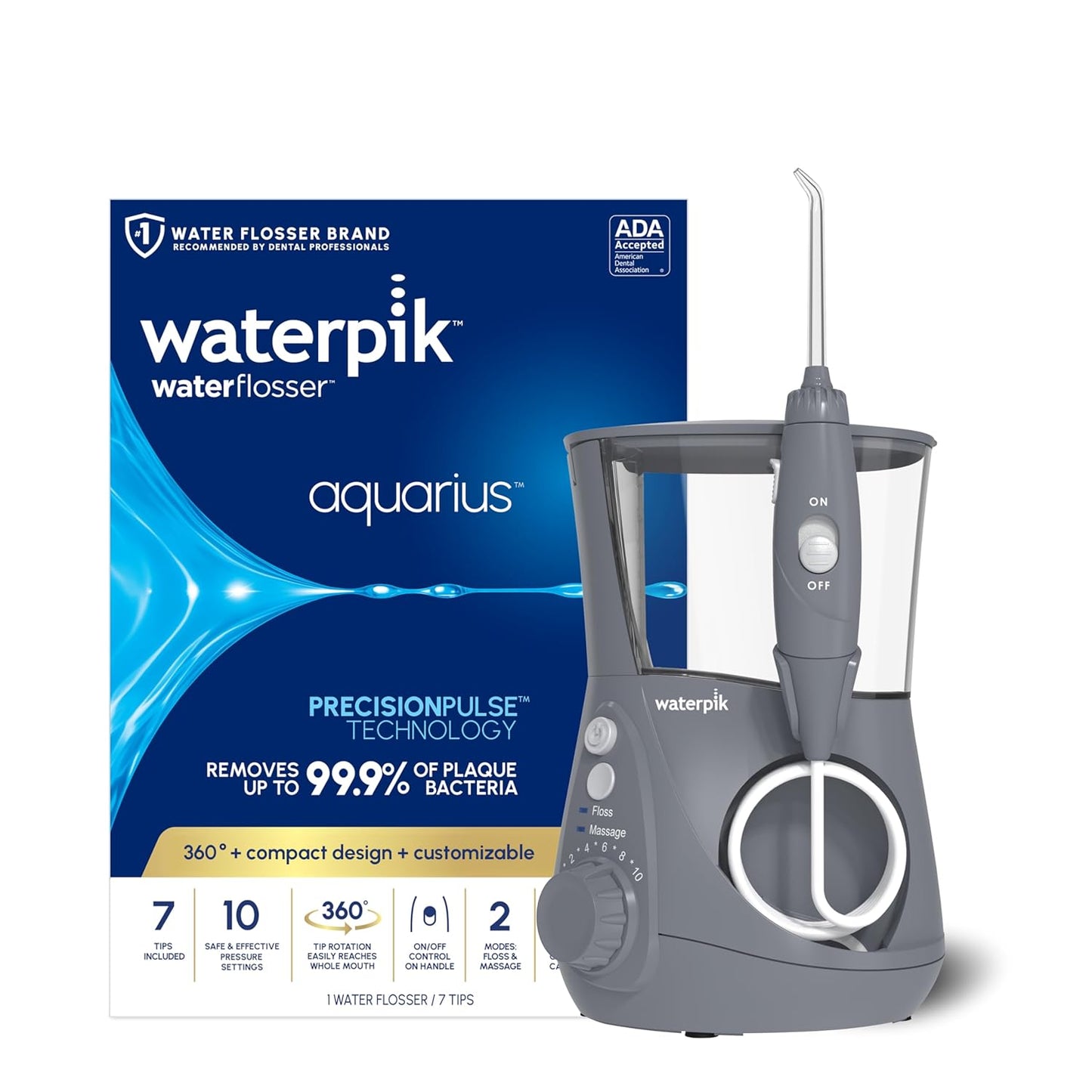 Aquarius Water Flosser for Teeth Cleaning, Gums, Braces, Dental Care, Electric Power with 10 Settings, 7 Tips for Multiple Users and Needs, ADA Accepted, White WP-660, Packaging May Vary