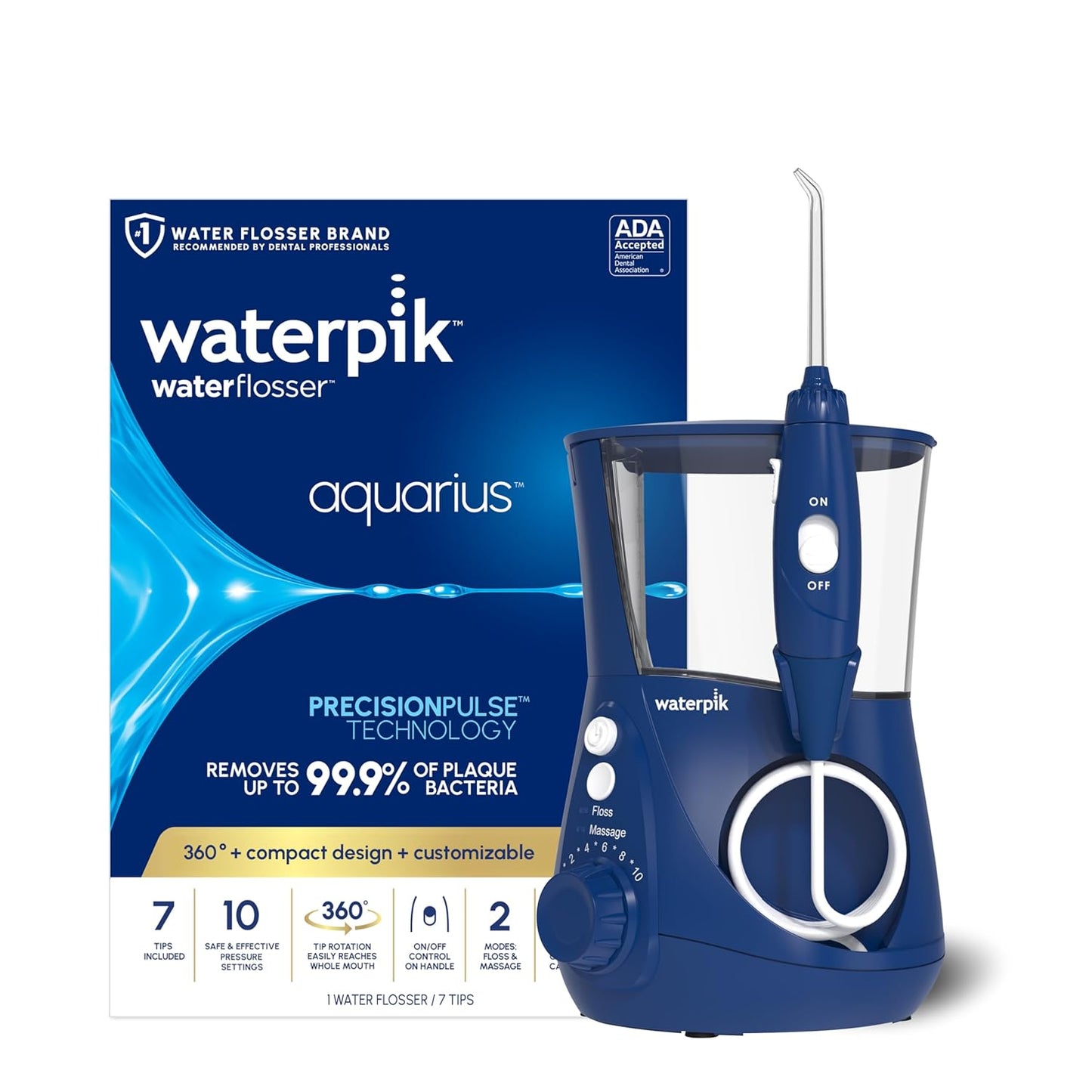 Aquarius Water Flosser for Teeth Cleaning, Gums, Braces, Dental Care, Electric Power with 10 Settings, 7 Tips for Multiple Users and Needs, ADA Accepted, White WP-660, Packaging May Vary