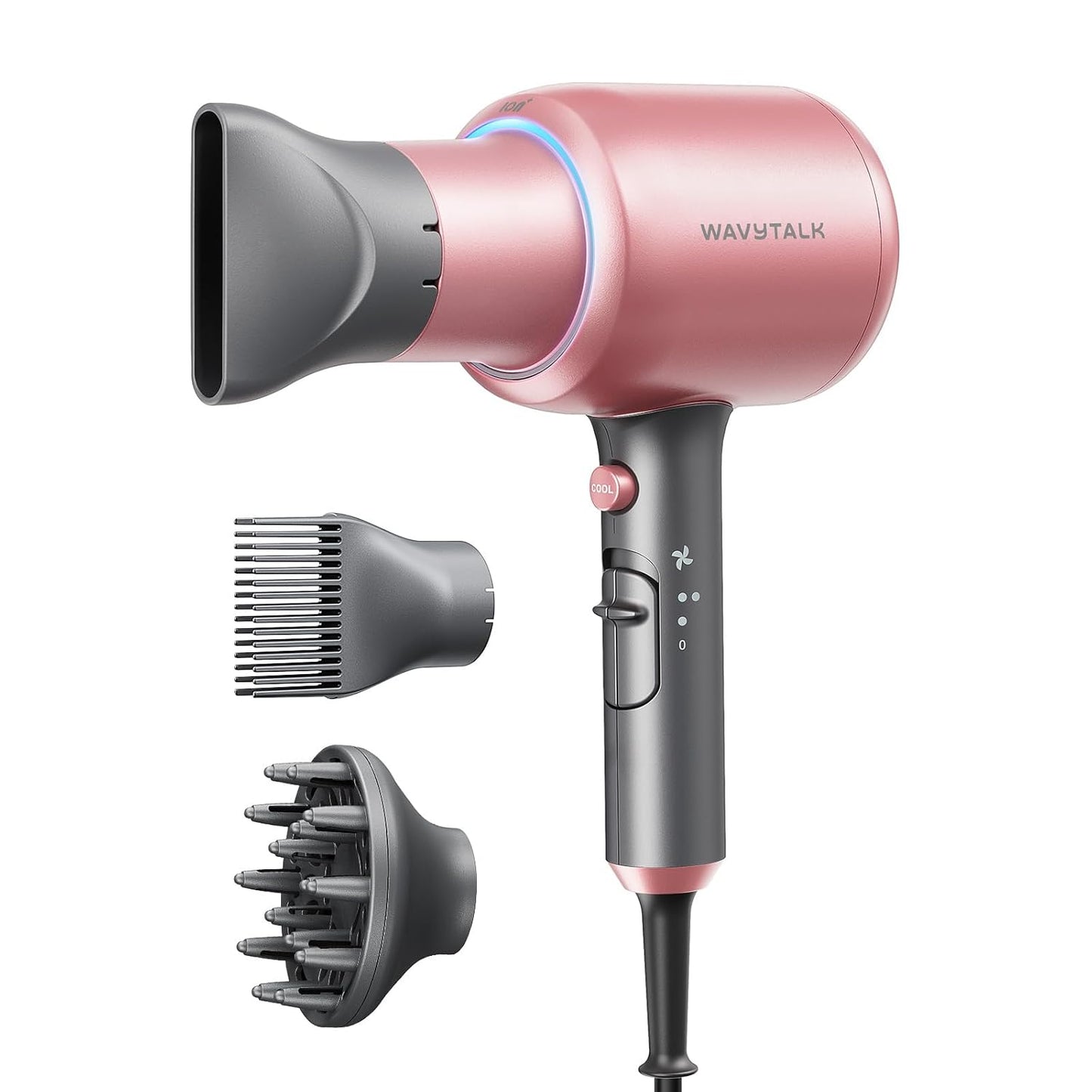 Hair Dryer, Blown Away Ionic Hair Dryer for Curly Hair with Diffuser, 1875W Fast Drying Blow Dryer with Ceramic Technology, 3 Attachments for All Hair Types, Light and Quiet, Rose Gold