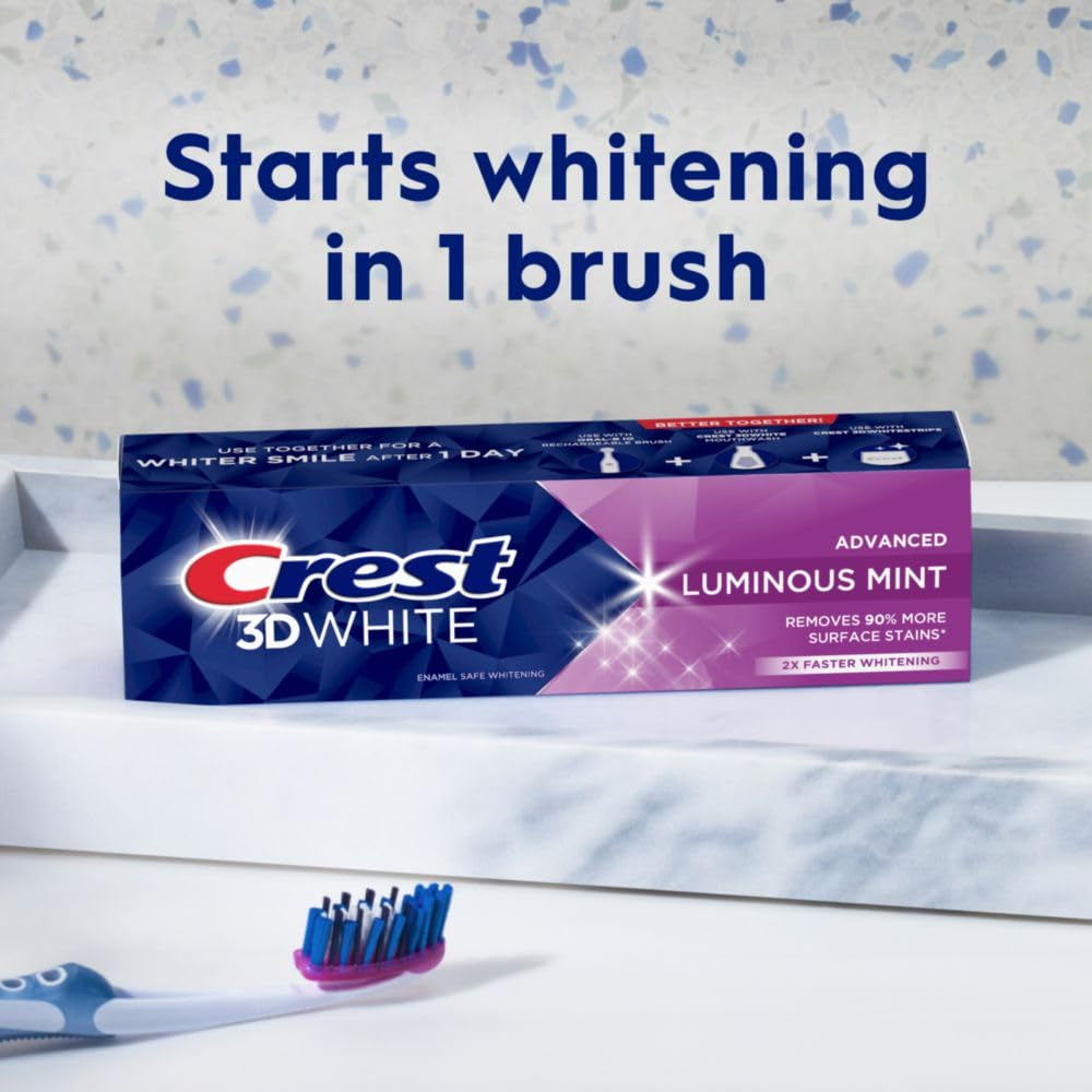 3D White Advanced Luminous Mint Teeth Whitening Toothpaste, Toothpaste, 3.7 Oz Pack of 4 - Helps Remove Surface Stains, Whitens Teeth, Strengthens Tooth Enamel, Protects against Cavities