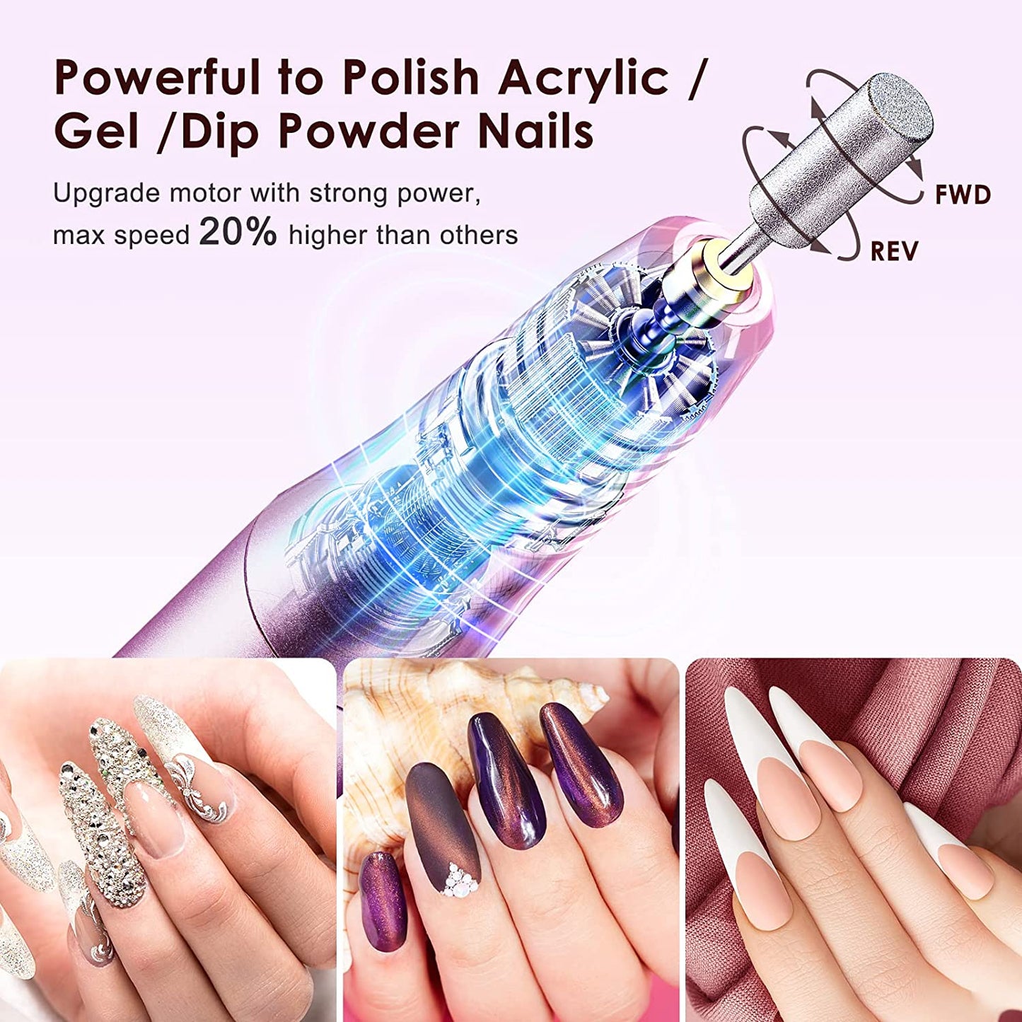Cordless Nail Drill Electric File: Professional for Acrylic Gel Dip Powder Nails Portable Nail Drill Machine Kit for Manicure Pedicure Nail Set with Everything Rechargeable Lightweight