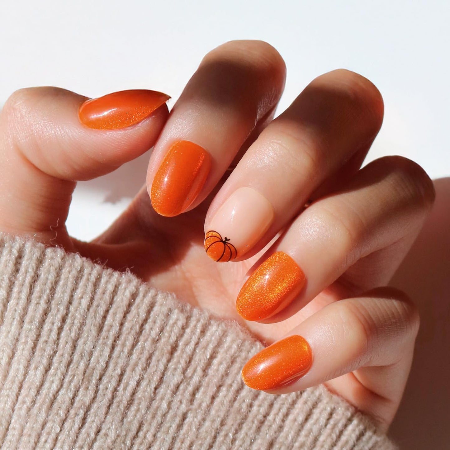 Press on Nails - Tiny Pumpkin | Short Squoval French Tip Fake Nails with Pumpkin Graphics & Glossy Finish, Salon Quality Halloween Nails | 15 Sizes - 30 Nail Kit with Glue