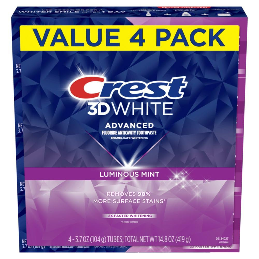 3D White Advanced Luminous Mint Teeth Whitening Toothpaste, Toothpaste, 3.7 Oz Pack of 4 - Helps Remove Surface Stains, Whitens Teeth, Strengthens Tooth Enamel, Protects against Cavities