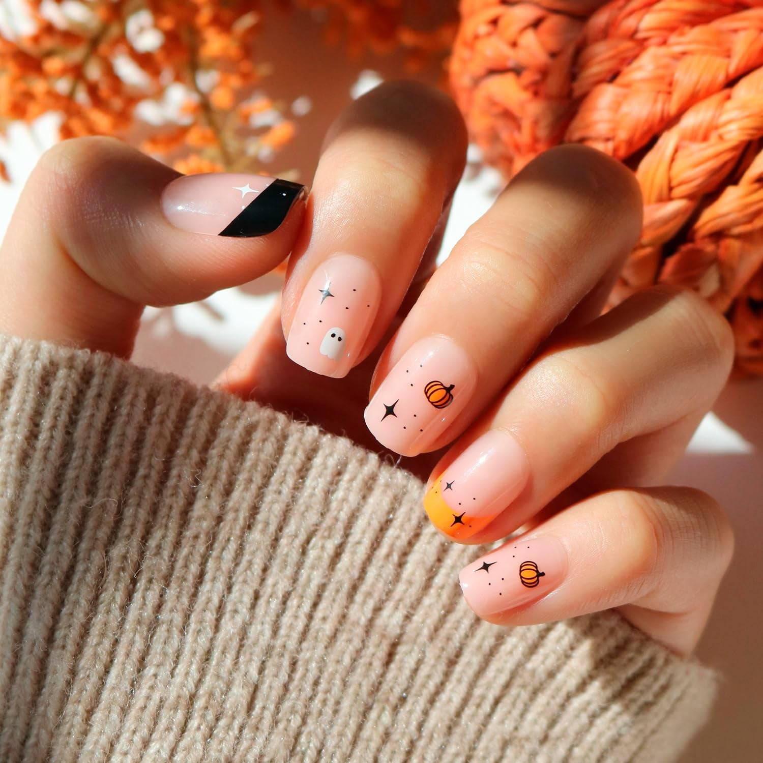 Press on Nails - Tiny Pumpkin | Short Squoval French Tip Fake Nails with Pumpkin Graphics & Glossy Finish, Salon Quality Halloween Nails | 15 Sizes - 30 Nail Kit with Glue