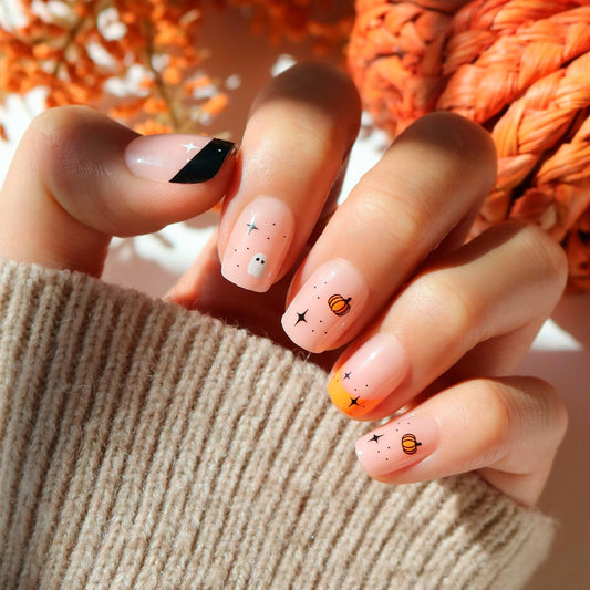 Press on Nails - Tiny Pumpkin | Short Squoval French Tip Fake Nails with Pumpkin Graphics & Glossy Finish, Salon Quality Halloween Nails | 15 Sizes - 30 Nail Kit with Glue