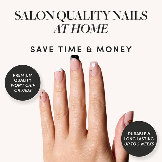 Press on Nails - Tiny Pumpkin | Short Squoval French Tip Fake Nails with Pumpkin Graphics & Glossy Finish, Salon Quality Halloween Nails | 15 Sizes - 30 Nail Kit with Glue