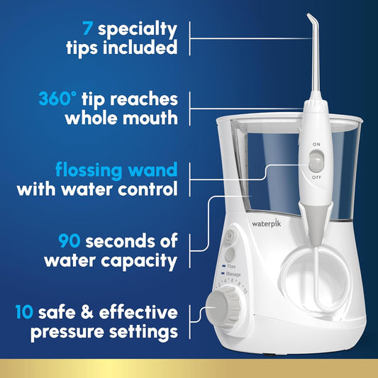 Aquarius Water Flosser for Teeth Cleaning, Gums, Braces, Dental Care, Electric Power with 10 Settings, 7 Tips for Multiple Users and Needs, ADA Accepted, White WP-660, Packaging May Vary