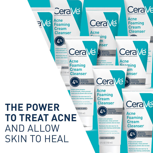 Acne Foaming Cream Cleanser, 4% Benzoyl Peroxide Face Wash with Hyaluronic Acid, Niacinamide & Ceramides, Gentle Daily Acne Treatment for Face