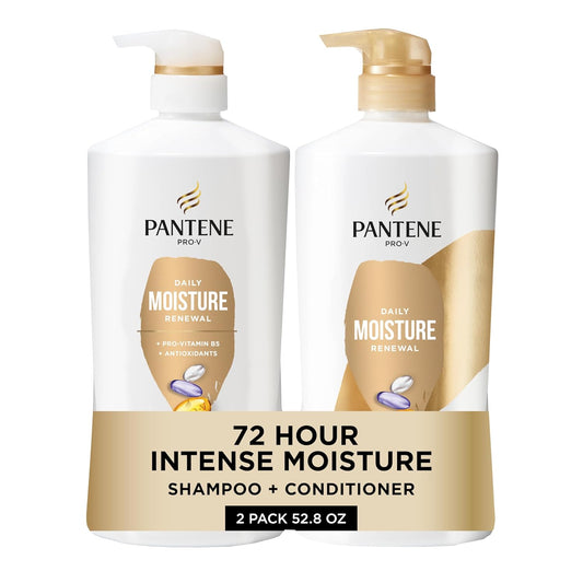 Shampoo & Conditioner Set, Daily Moisture Renewal - Pro-V Nutrients for Dry, Color-Treated, Straight to Curly Hair, 72-Hour Hydration & Softness, 52.8 Oz Total + Miracle Rescue Shot (0.5 Oz)