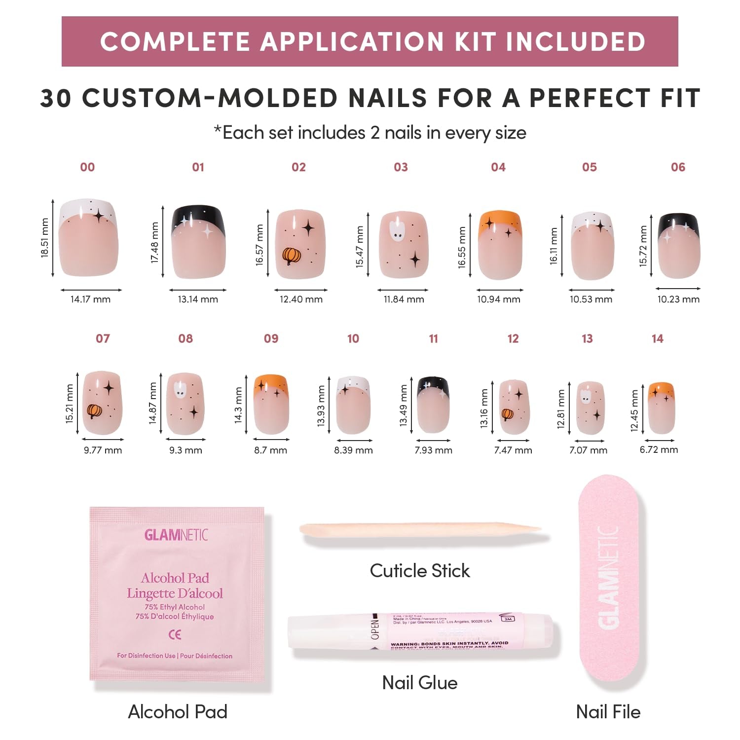 Press on Nails - Tiny Pumpkin | Short Squoval French Tip Fake Nails with Pumpkin Graphics & Glossy Finish, Salon Quality Halloween Nails | 15 Sizes - 30 Nail Kit with Glue