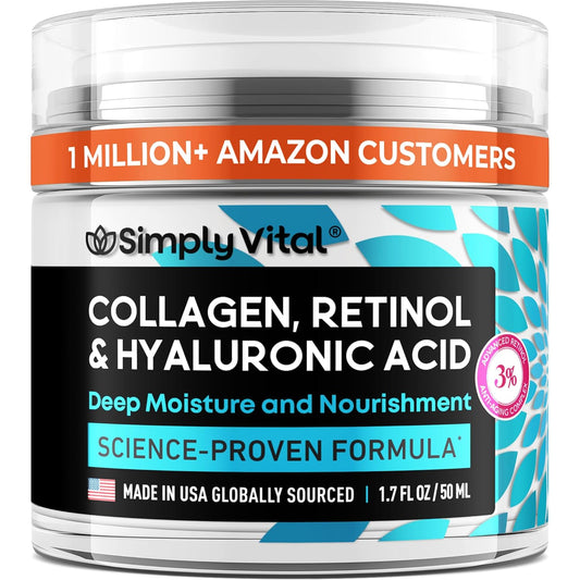 Collagen, Retinol & Hyaluronic Acid Cream - Anti-Aging Face Moisturizer for Face, Firming Skin Care Neck & Décolleté - Made in USA, Daily Moisturizer Face Cream Day & Night - 1.7 Fl.Oz.