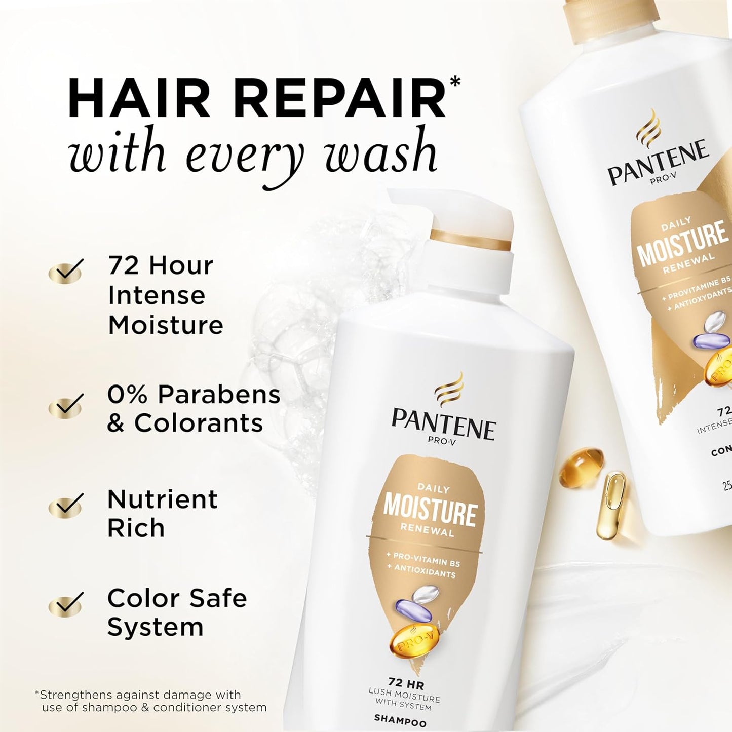 Shampoo & Conditioner Set, Daily Moisture Renewal - Pro-V Nutrients for Dry, Color-Treated, Straight to Curly Hair, 72-Hour Hydration & Softness, 52.8 Oz Total + Miracle Rescue Shot (0.5 Oz)