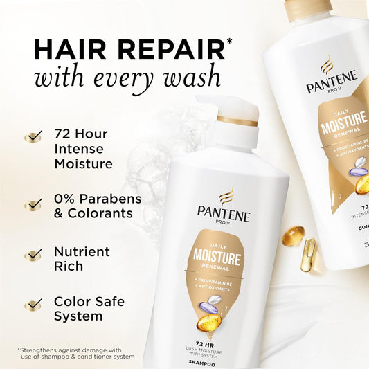 Shampoo & Conditioner Set, Daily Moisture Renewal - Pro-V Nutrients for Dry, Color-Treated, Straight to Curly Hair, 72-Hour Hydration & Softness, 52.8 Oz Total + Miracle Rescue Shot (0.5 Oz)