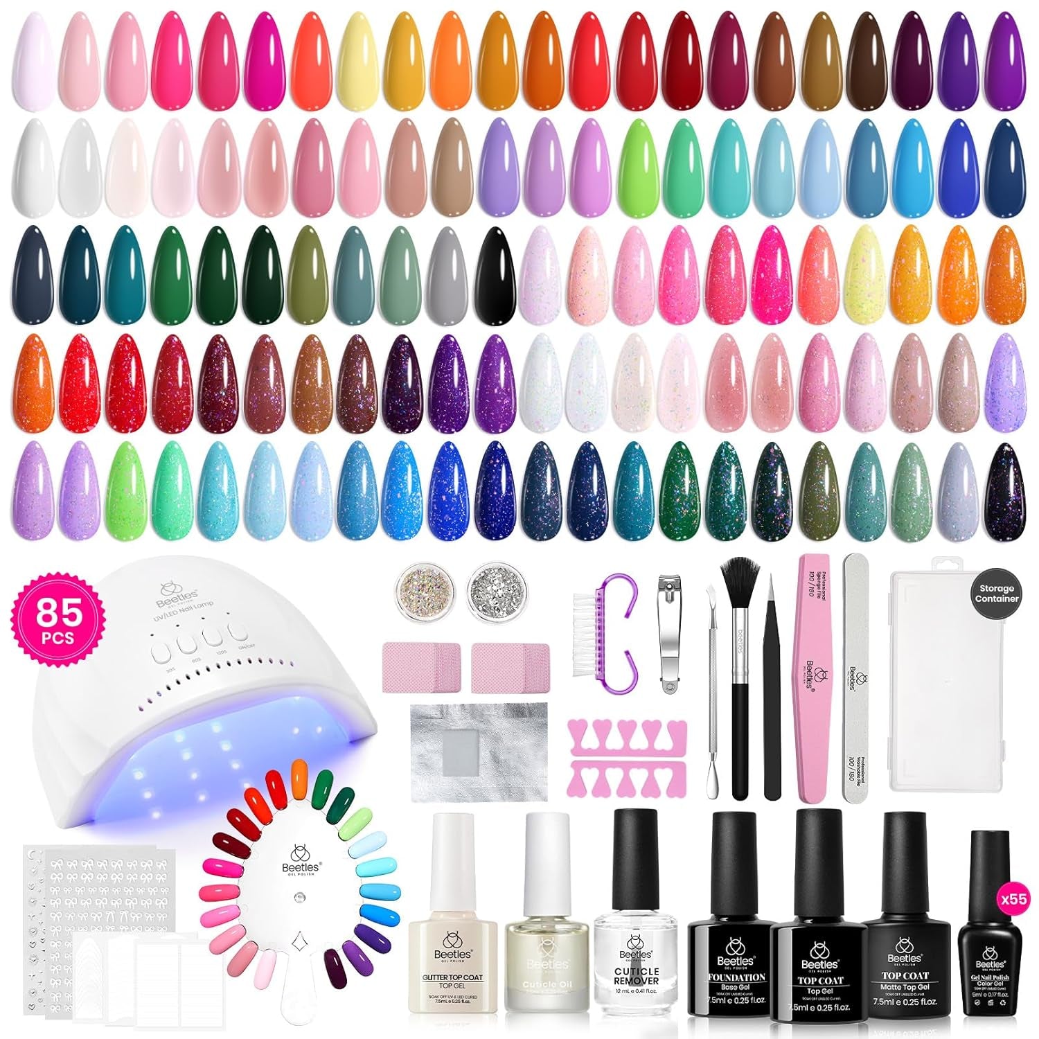 Beetles Gel Nail Polish Kit with U V Light - 80Pcs Fall Nail Fest Color Enchantment 55 Colors Gel Polish Starter Kit with Base Top Coat DIY Nails Stickers Manicure Tools Gift for Women Teens Girls
