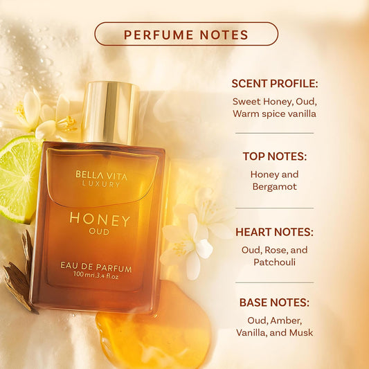 Luxury Honey Oud Eau De Parfum (3.4 Fl. Oz.) | Patchouli, Vanilla, Bergamot, Floral & Spicy + Made with Clean & Vegan Essentials Oils + Cruelty Free | Long-Lasting Unisex Fragrance