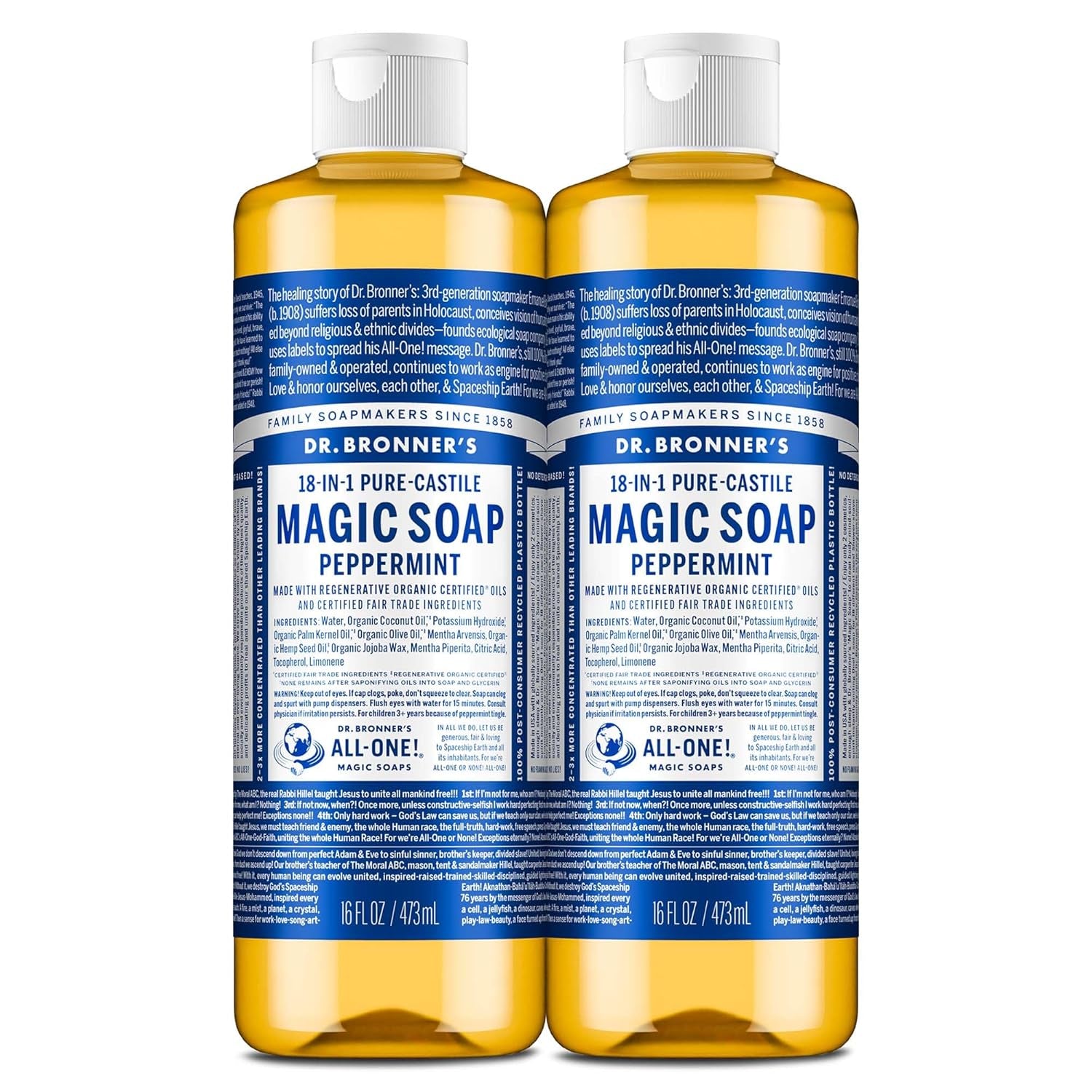 Pure-Castile Magic Liquid Soap - Made with Regenerative Organic Certified Oils- 18-In-1 Uses for Face, Body, Hand, Hair, Laundry & More- Vegan, Non-Gmo- Body Wash- Peppermint,32Oz